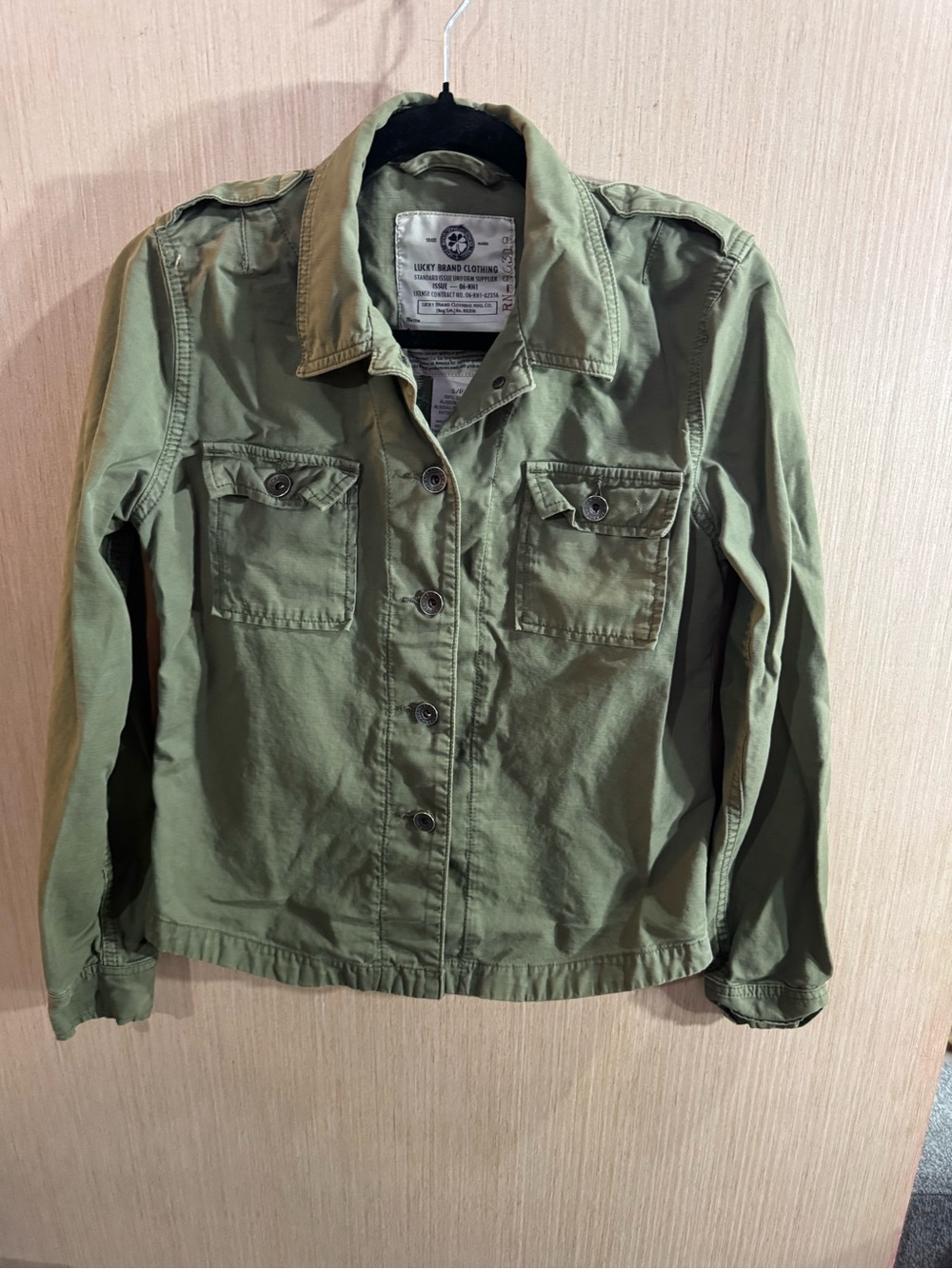 Lucky Brand Olive Military Utility Jacket with Embroidered Flowers on Back Small